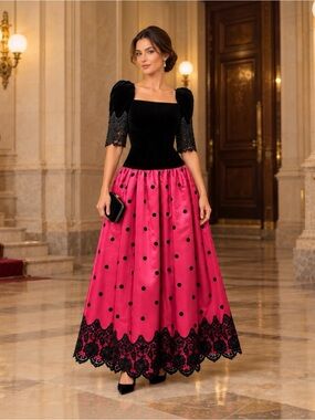 Vintage William Pearson Black Velvet Hot Pink Polka Dot Lace Maxi Dress Sz 6